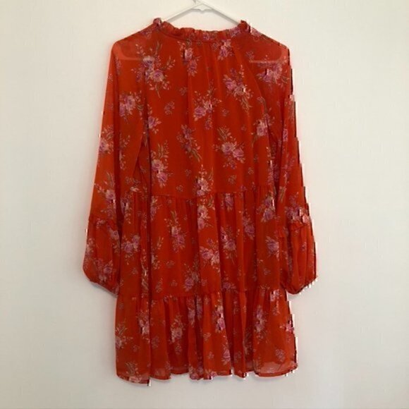 VINCE CAMUTO Floral Print Long Sleeve Split V-Neck Tiered Shift Dress Orange XS - Picture 9 of 12